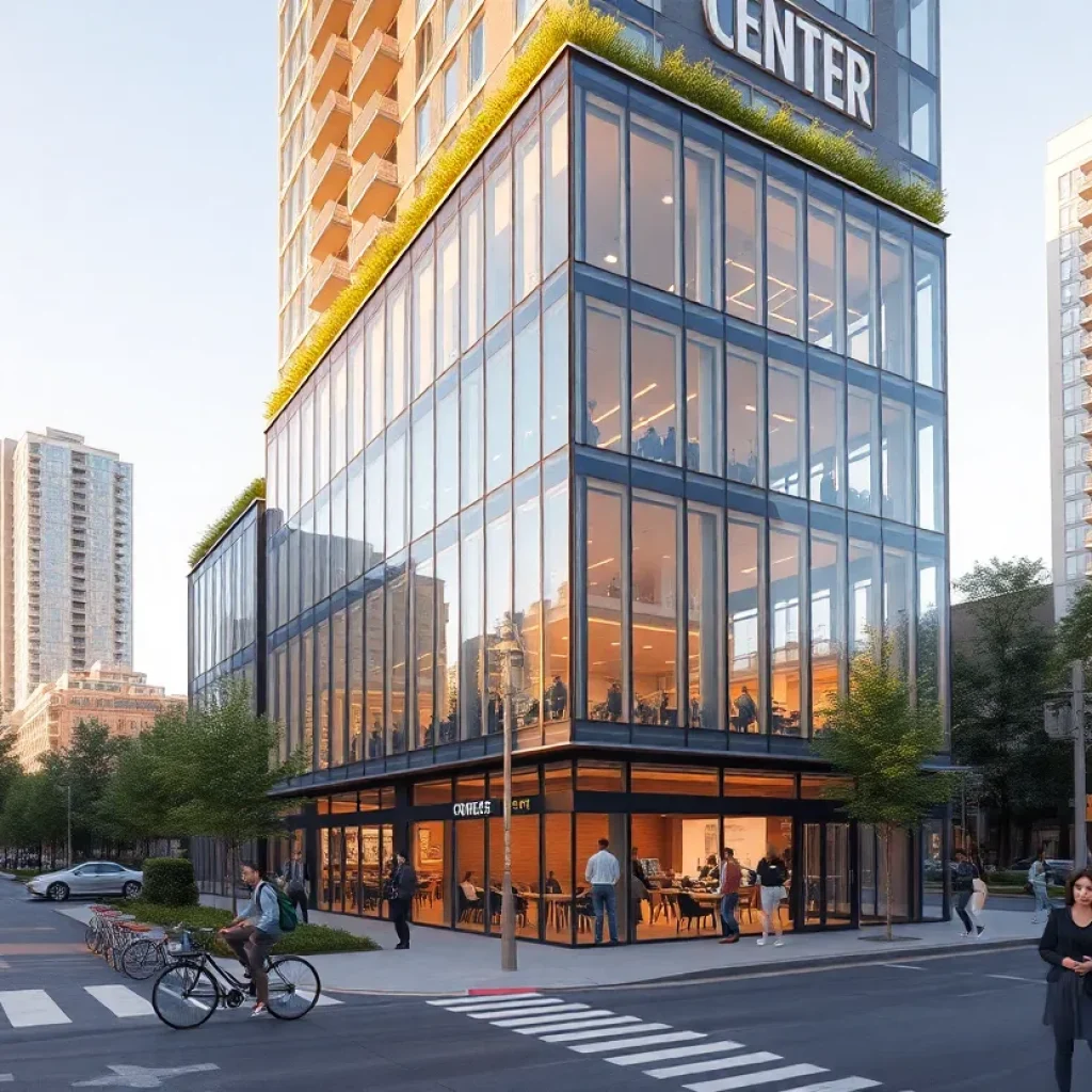 Rendering of a modern six-story innovation center with a ground-floor café and adjacent residential tower on a Detroit city street
