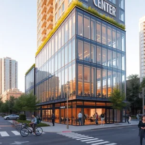 Sponsored Articles Rendering of a modern six-story innovation center with a ground-floor café and adjacent residential tower on a Detroit city street