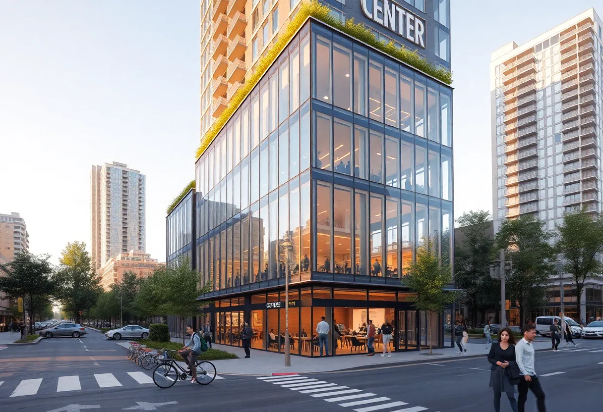 Rendering of a modern six-story innovation center with a ground-floor café and adjacent residential tower on a Detroit city street