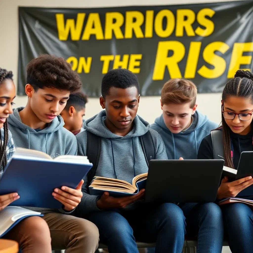High school students studying together in an academic environment for the Warriors on the Rise program.