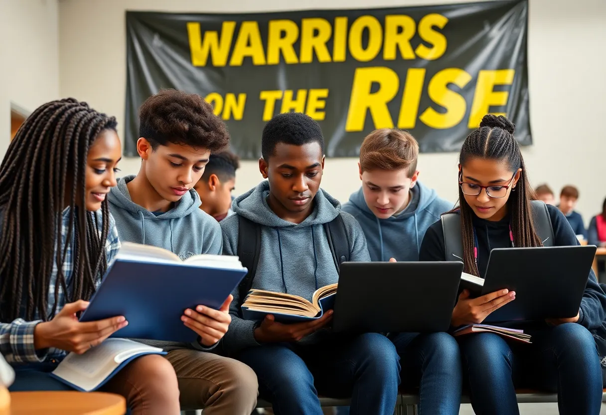 High school students studying together in an academic environment for the Warriors on the Rise program.