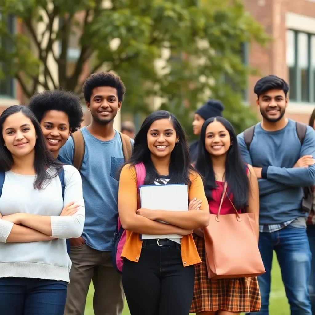 Diverse students on a college campus celebrating educational success.