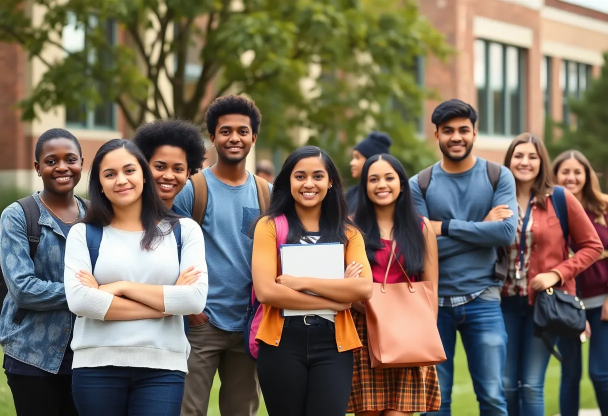 Diverse students on a college campus celebrating educational success.