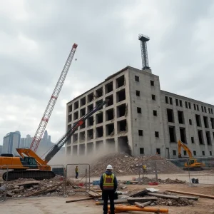 Heavy machinery demolishing the former Wayne County jail with Detroit skyline in background