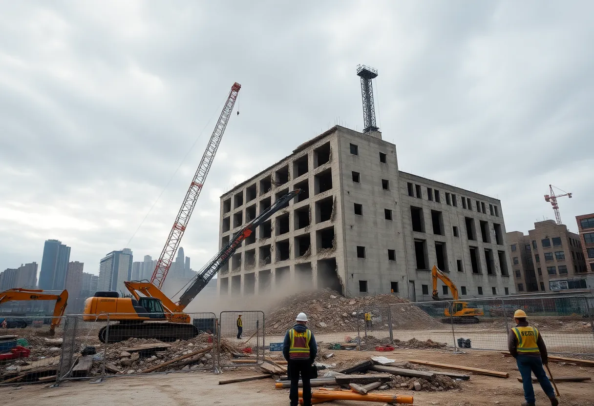 Heavy machinery demolishing the former Wayne County jail with Detroit skyline in background