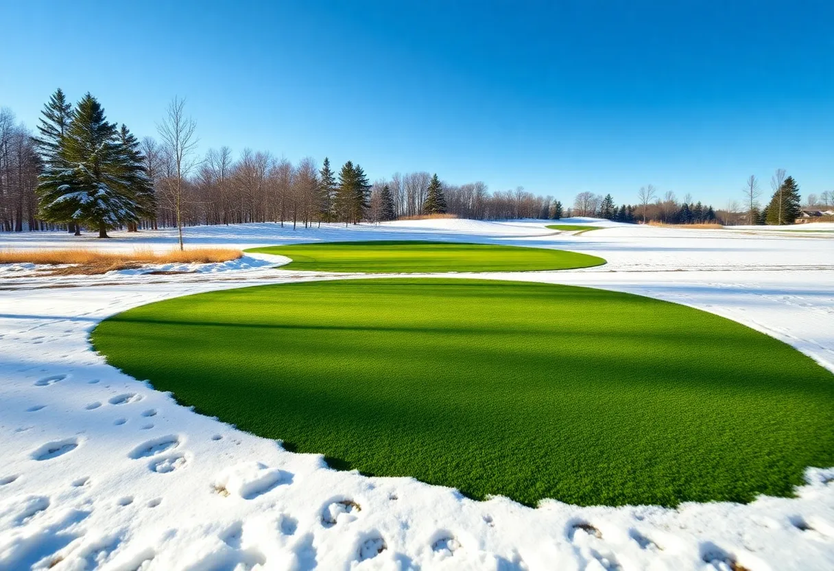 Winter golf course showcasing Spurk Golf's innovative mats