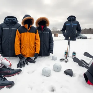 Assorted winter golf gear including shoes, gloves, and clubs on a snowy golf course