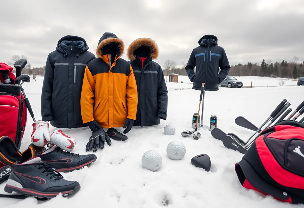 Assorted winter golf gear including shoes, gloves, and clubs on a snowy golf course