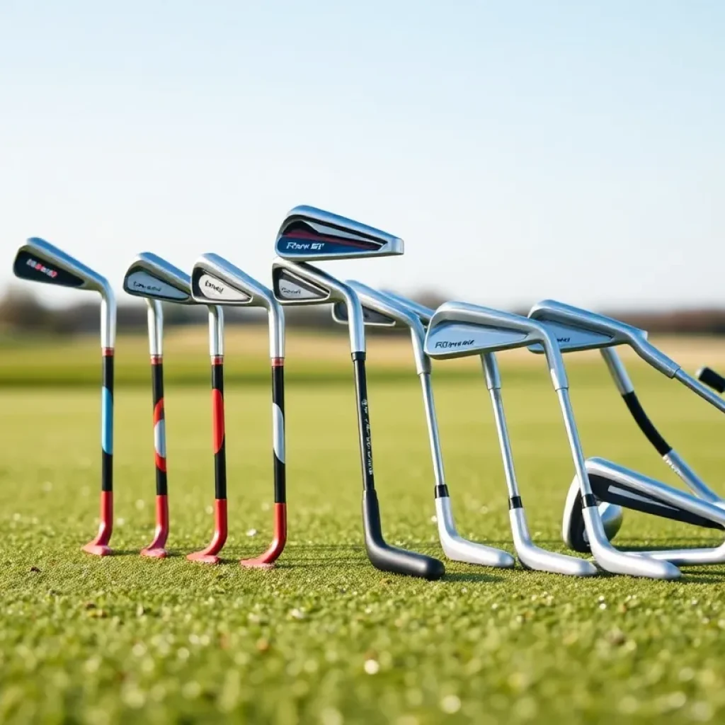 Set of women's golf irons placed on a golf course