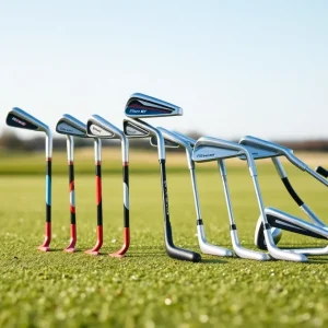 Set of women's golf irons placed on a golf course