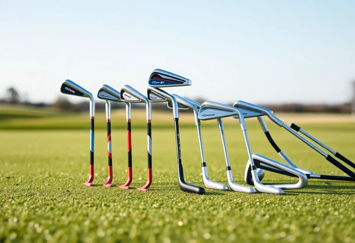 Set of women's golf irons placed on a golf course