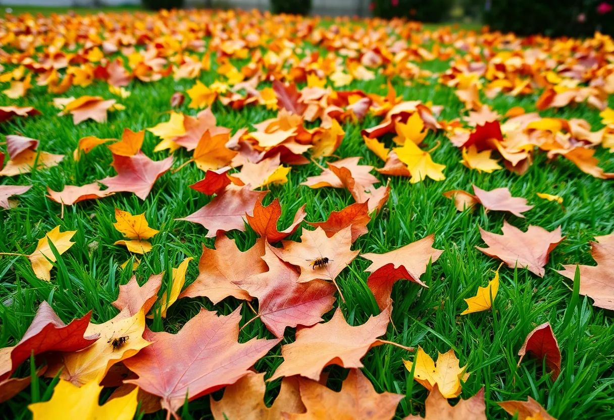 Colorful autumn leaves covering a yard in Detroit