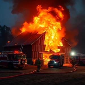 Firefighters battling a barn fire near Dexter, Michigan.