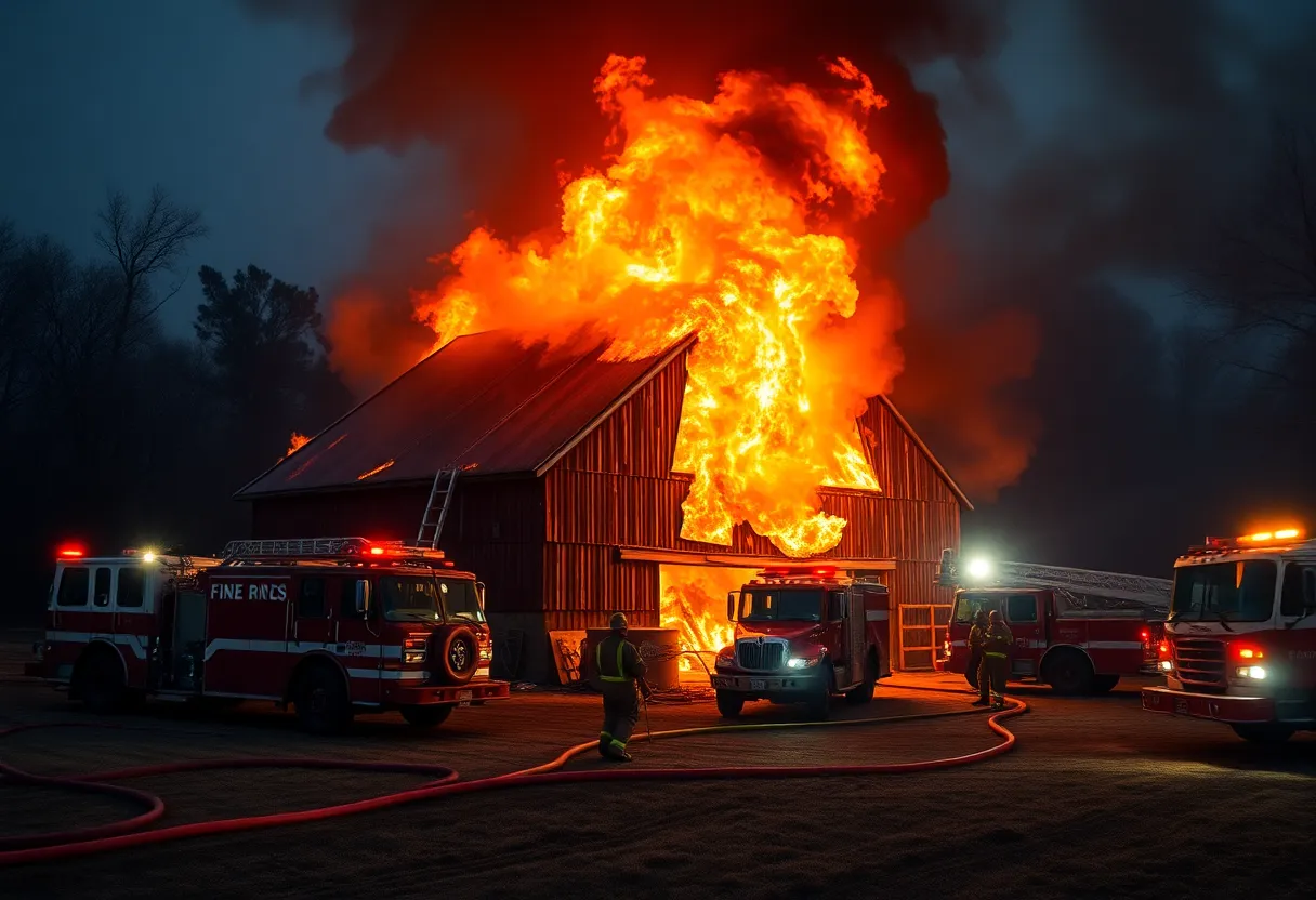 Firefighters battling a barn fire near Dexter, Michigan.