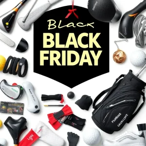 Collage of golf equipment with Black Friday theme