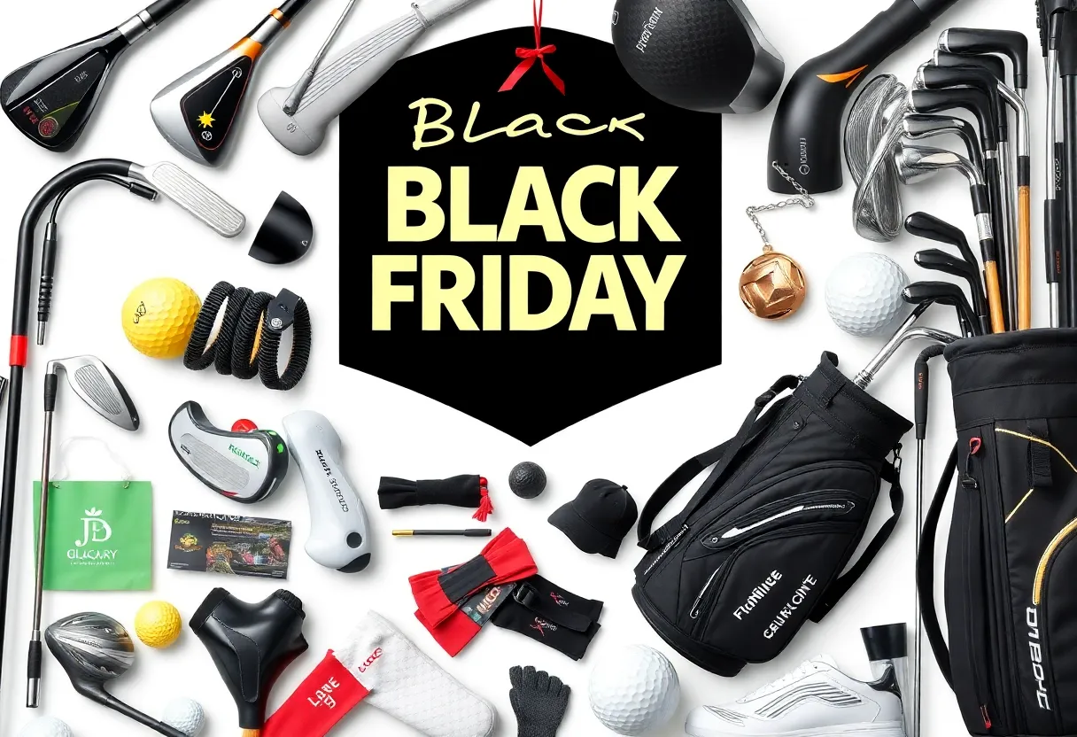Collage of golf equipment with Black Friday theme