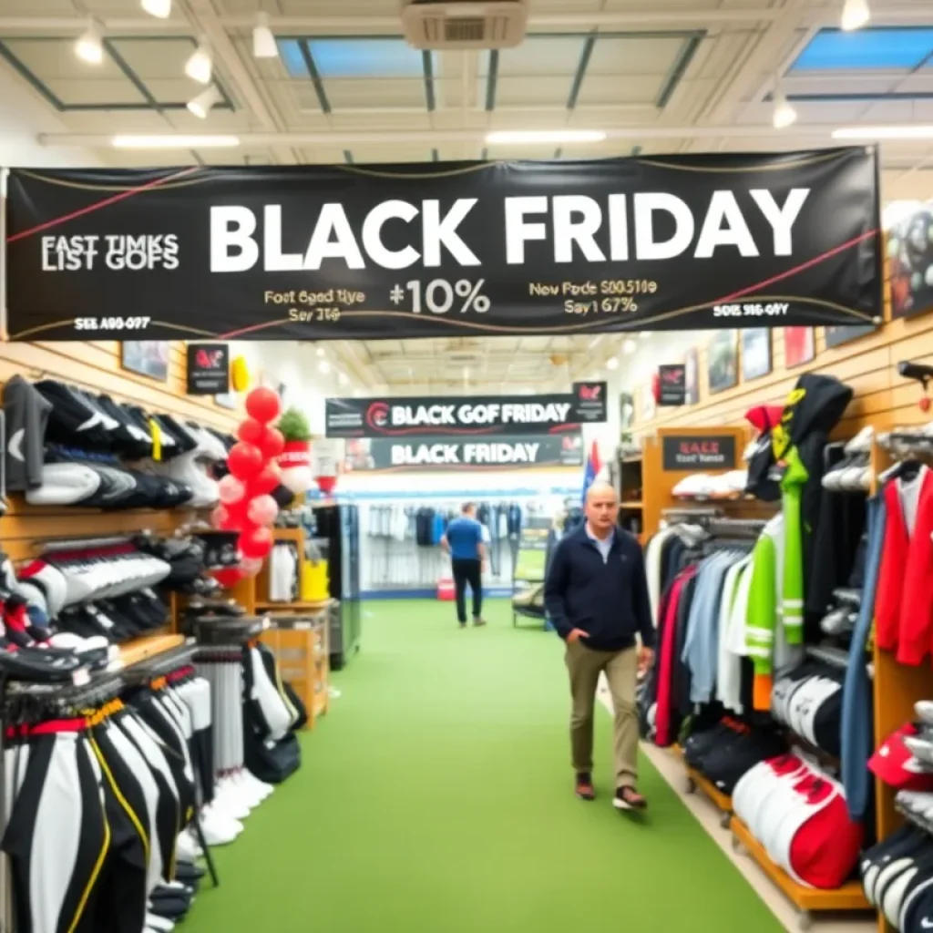 A golf store filled with golf gear and discounts for Black Friday.