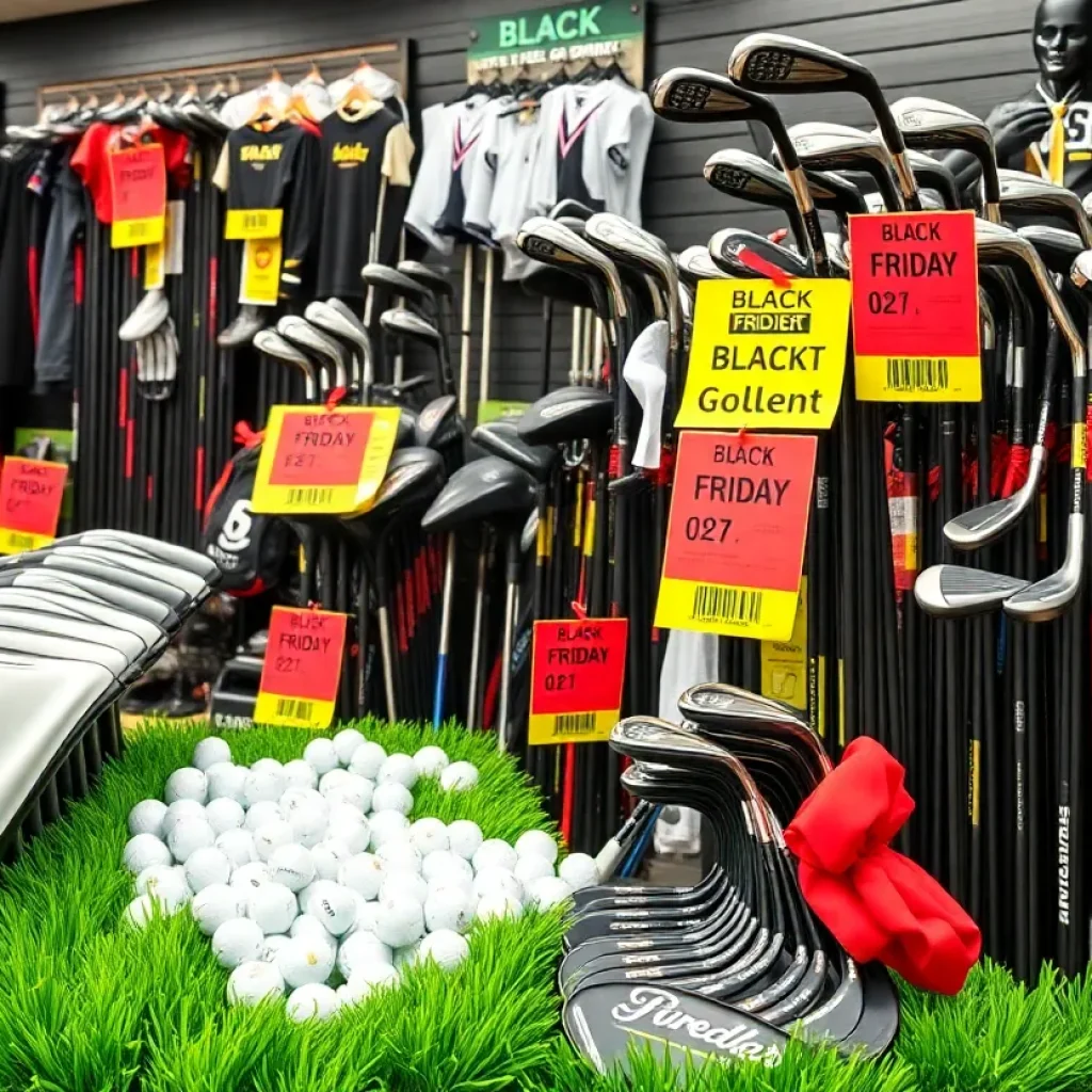 A collection of golf equipment and apparel on sale for Black Friday.