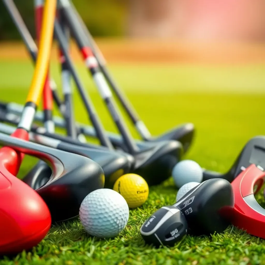 Variety of golf clubs and balls arranged on a golf course for Black Friday sales.