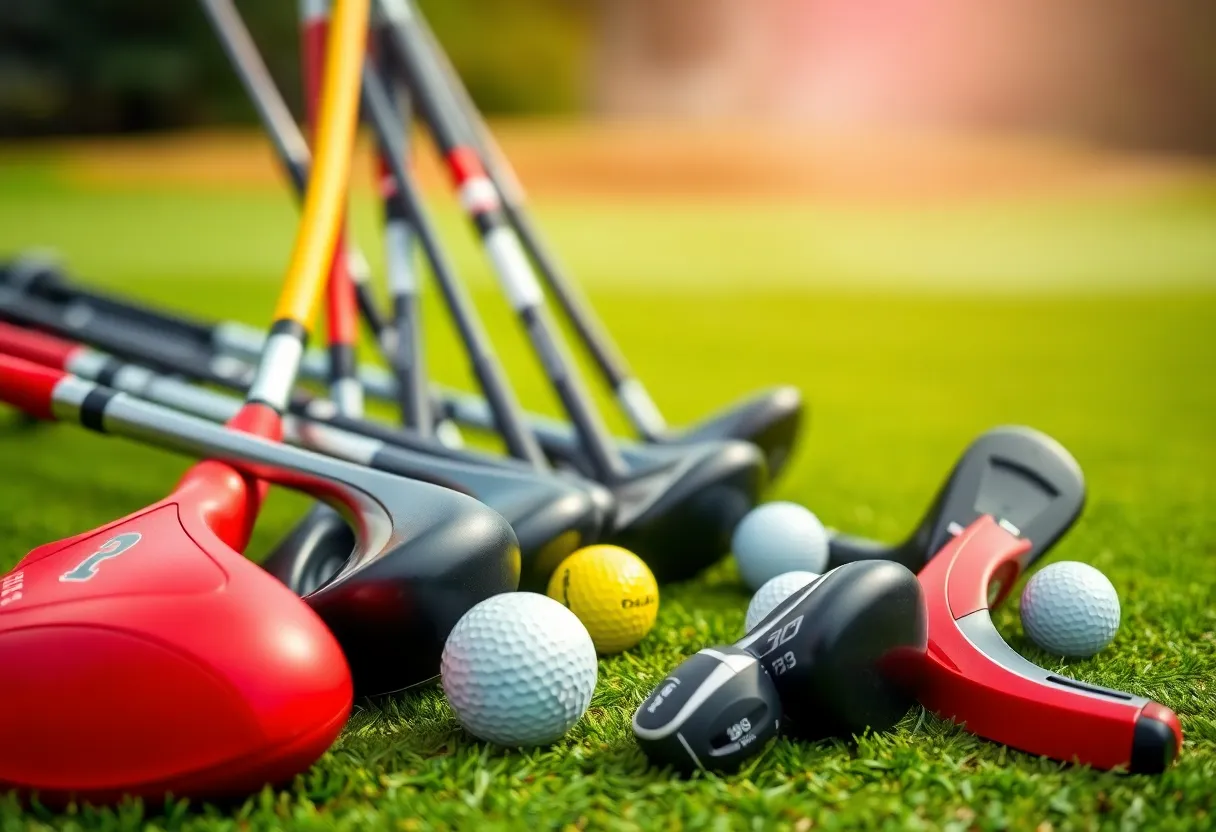 Variety of golf clubs and balls arranged on a golf course for Black Friday sales.