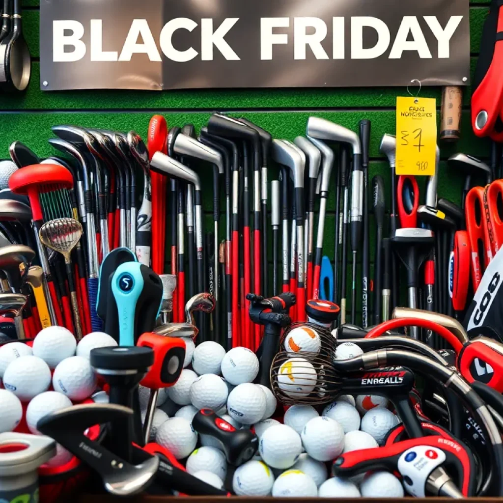 Golf equipment on sale for Black Friday including balls, clubs, and gadgets.