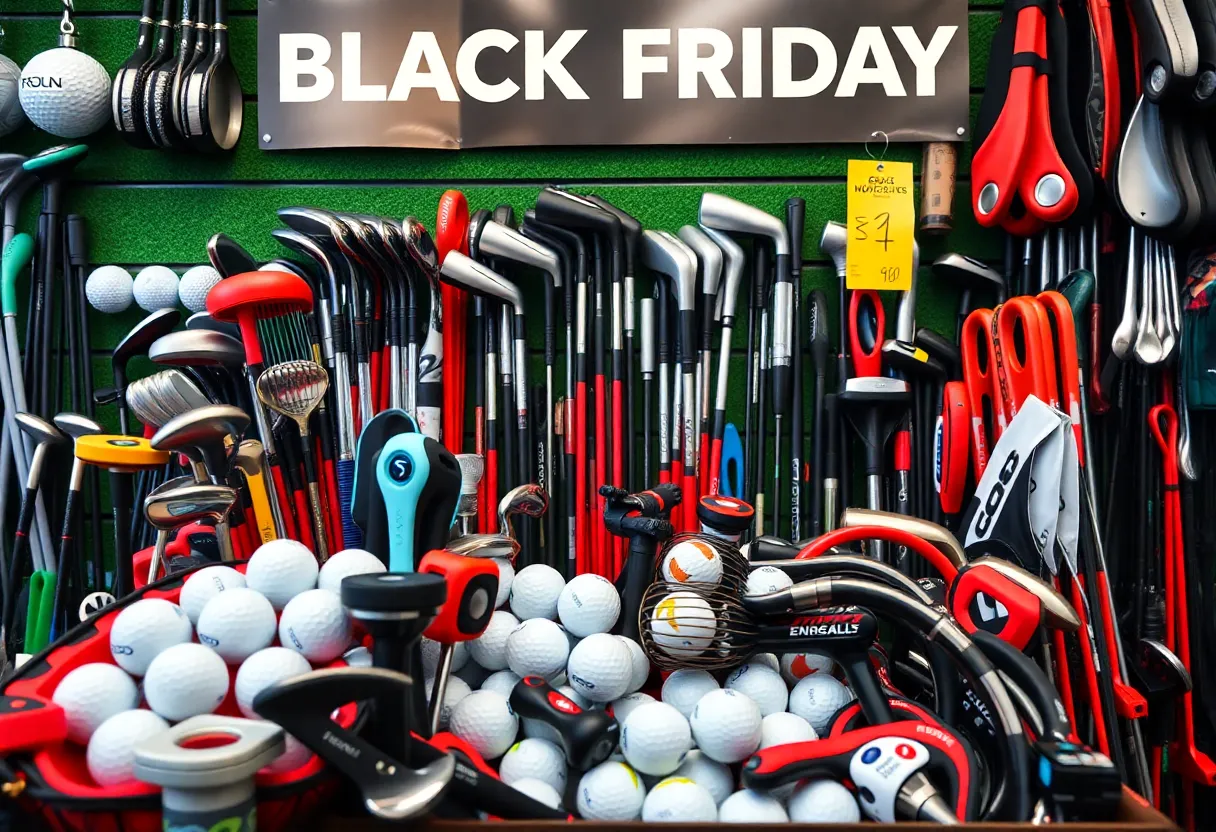 Golf equipment on sale for Black Friday including balls, clubs, and gadgets.