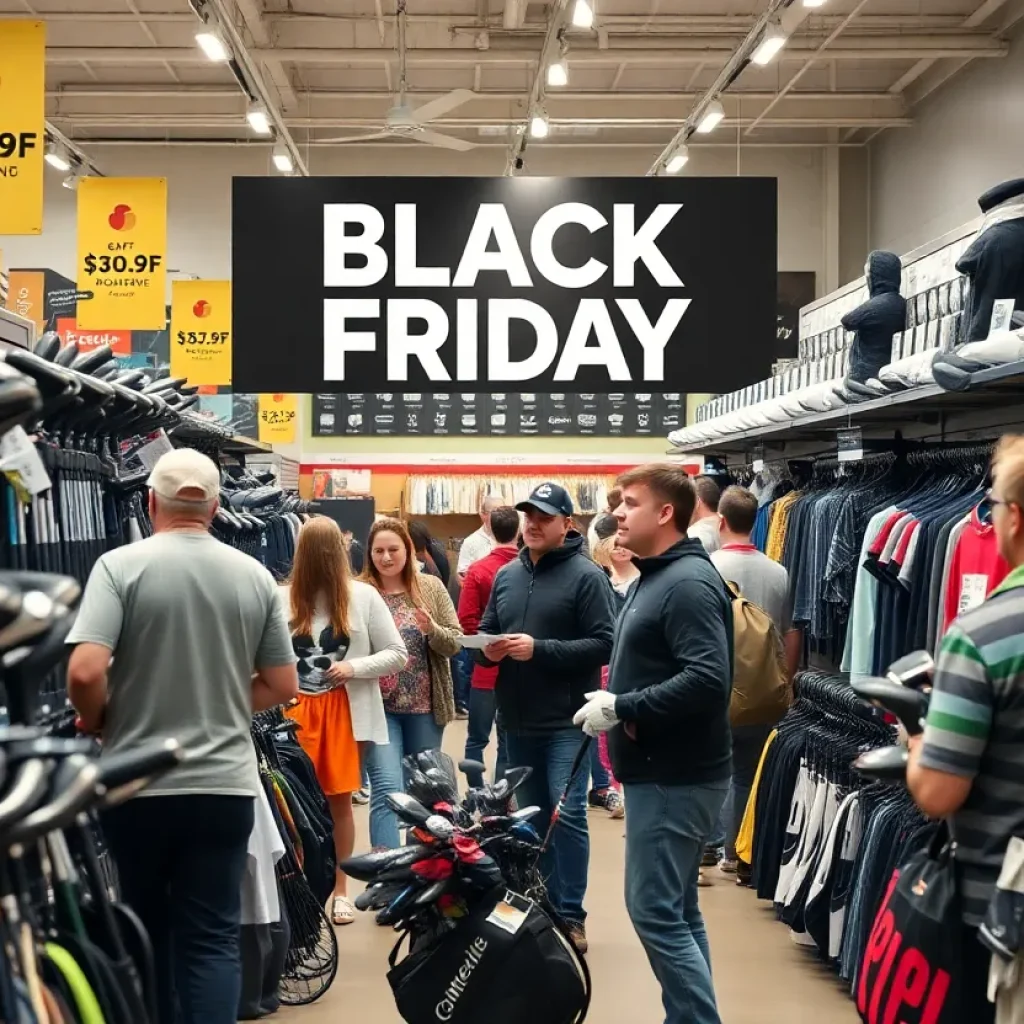 A display of golf equipment and apparel on sale during Black Friday 2025