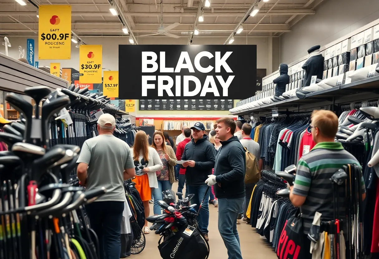 A display of golf equipment and apparel on sale during Black Friday 2025