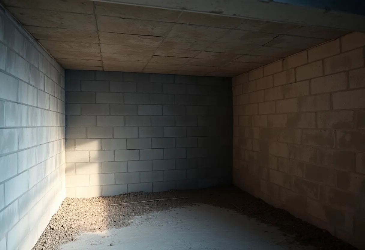 A basement showing signs of bowing walls with cracks and bulging.