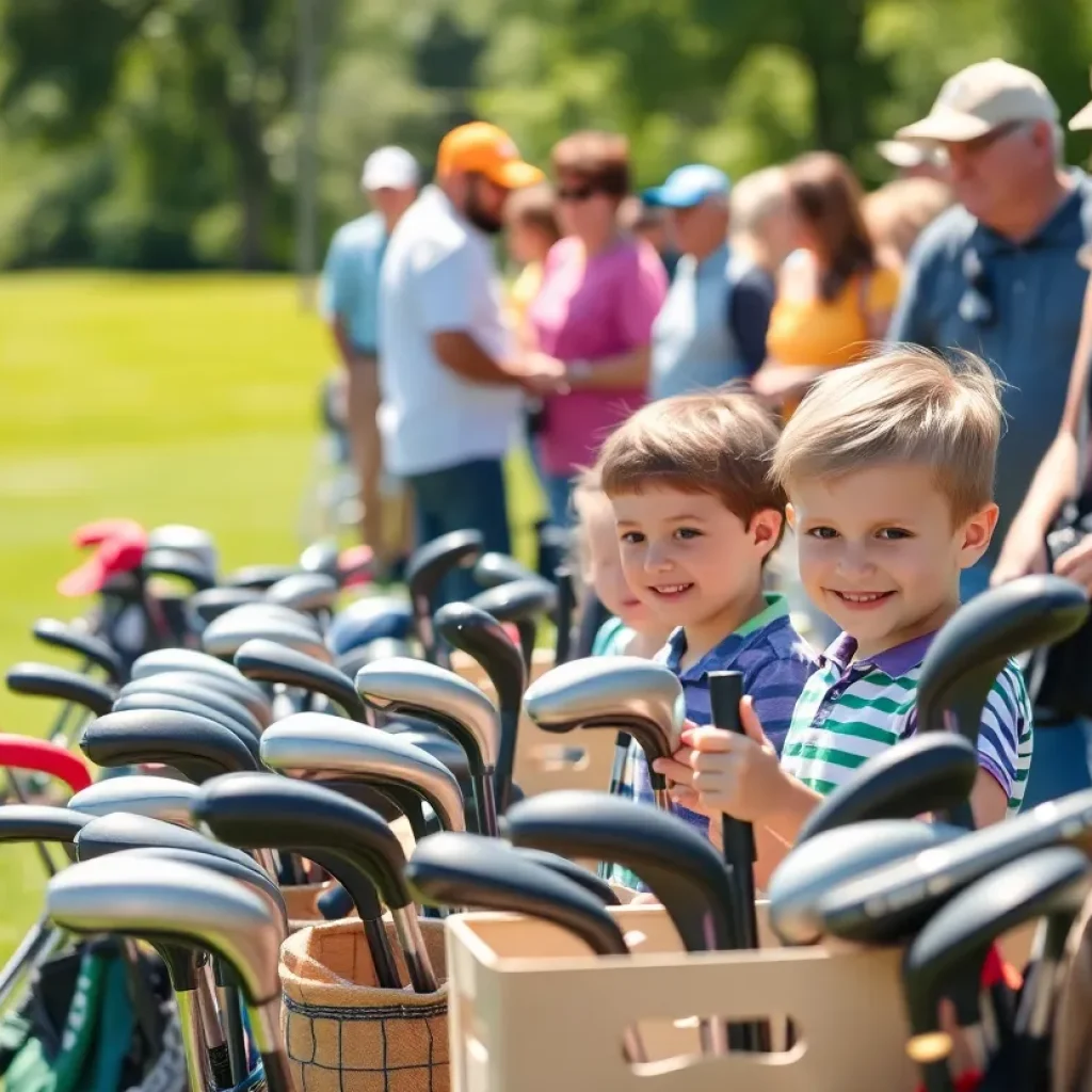 Young golfers receiving donated gear at a community event