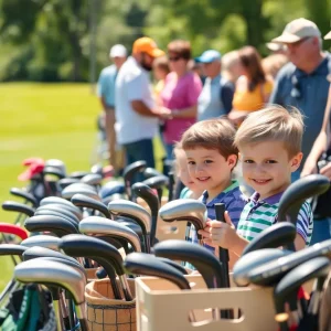Young golfers receiving donated gear at a community event