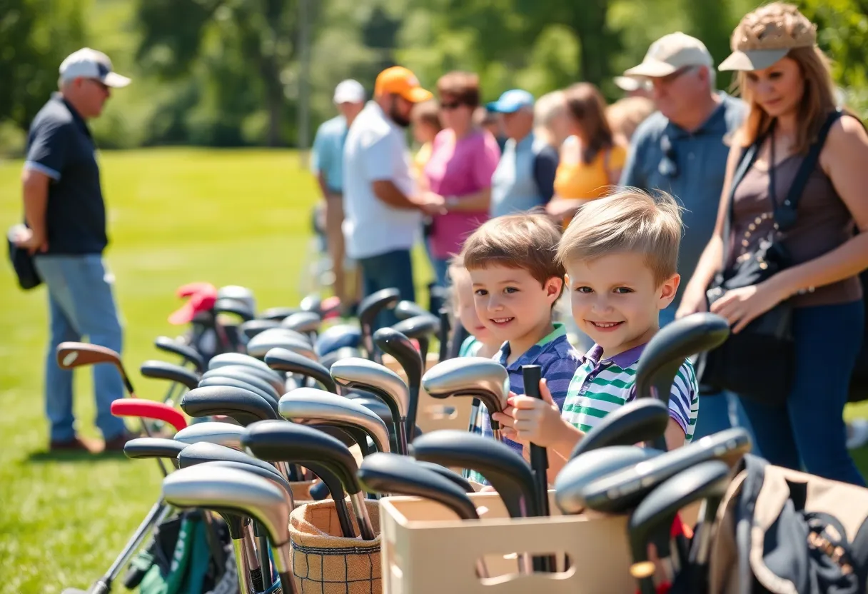 Young golfers receiving donated gear at a community event