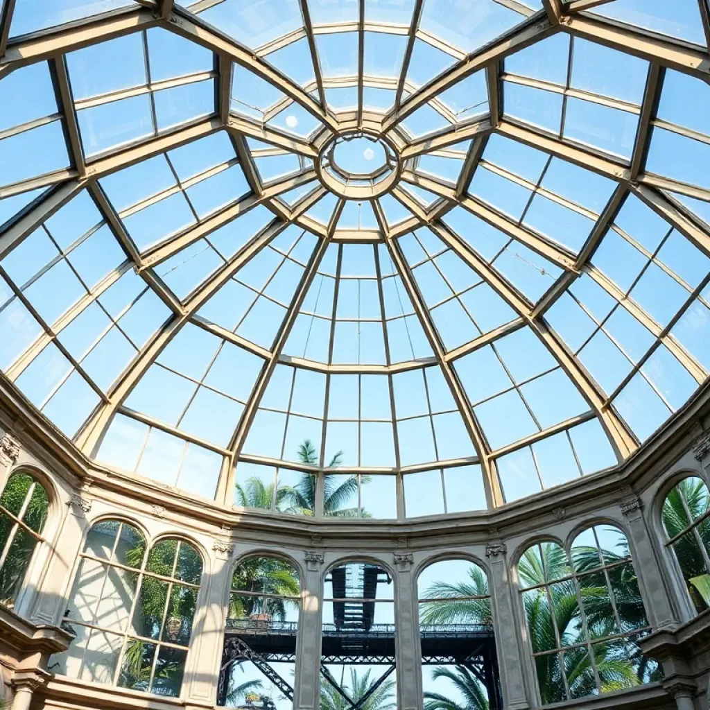 Restored glass dome of a historic conservatory showing new laminated panes, restored limestone panels and catwalks