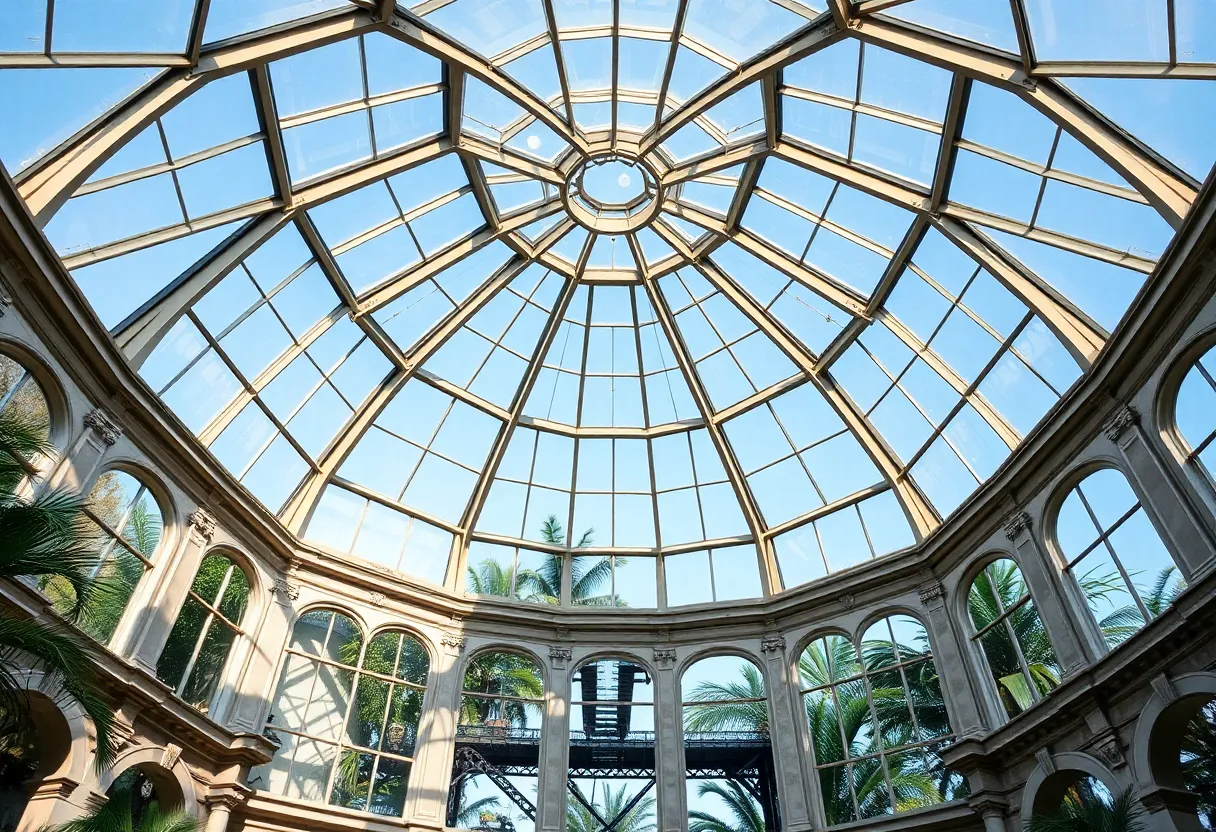 Restored glass dome of a historic conservatory showing new laminated panes, restored limestone panels and catwalks
