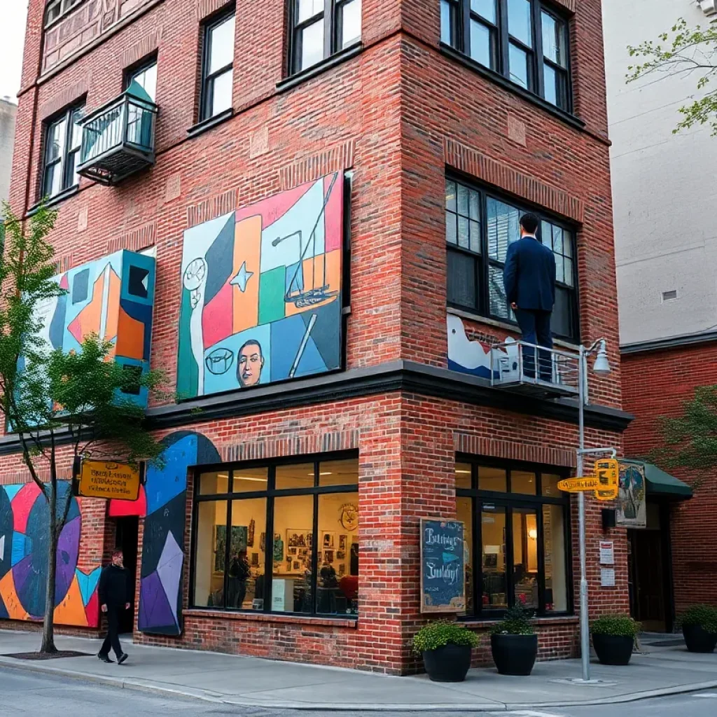 Historic brick building in Corktown with contemporary public art wrapping its exterior and pedestrians nearby