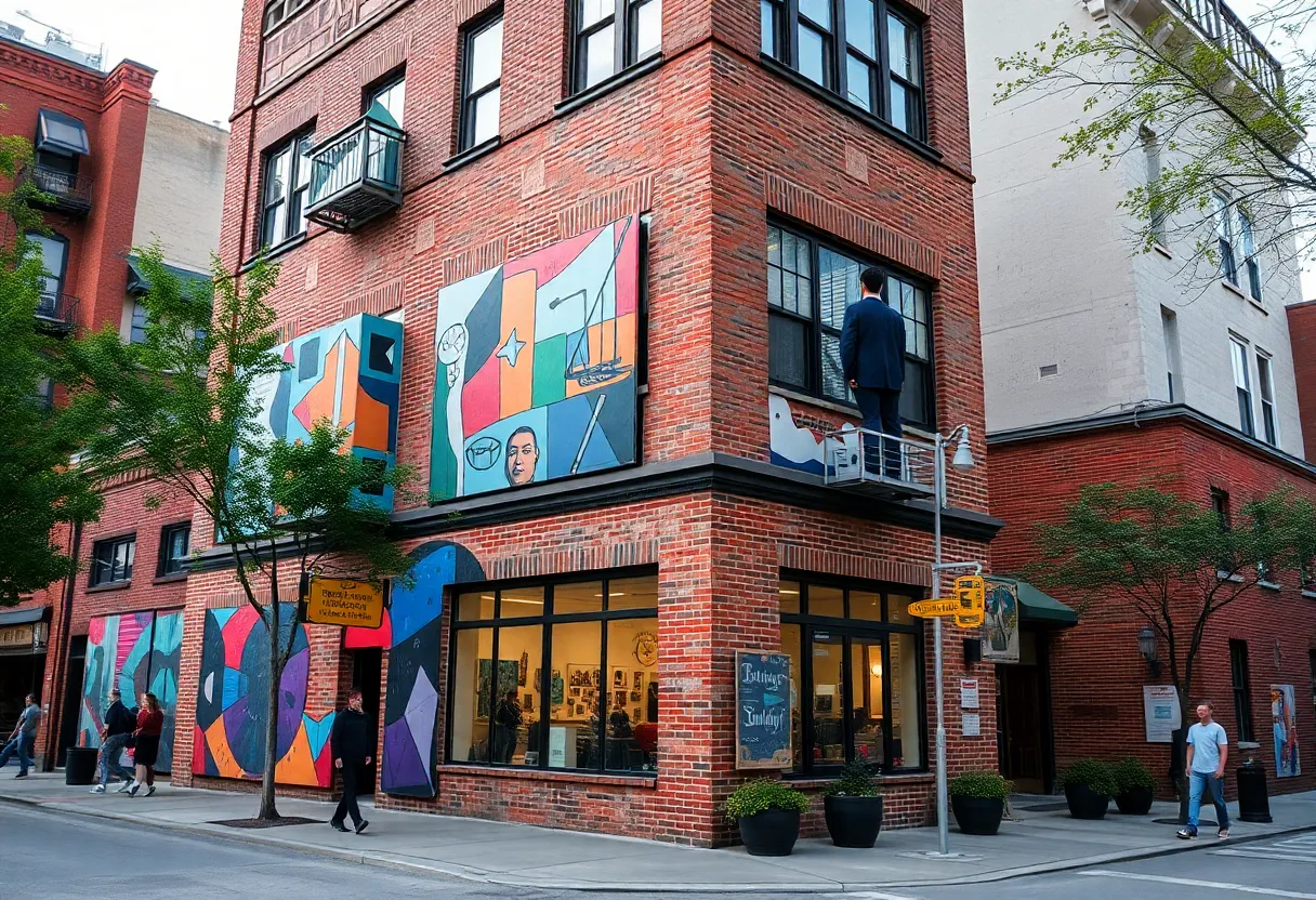 Historic brick building in Corktown with contemporary public art wrapping its exterior and pedestrians nearby