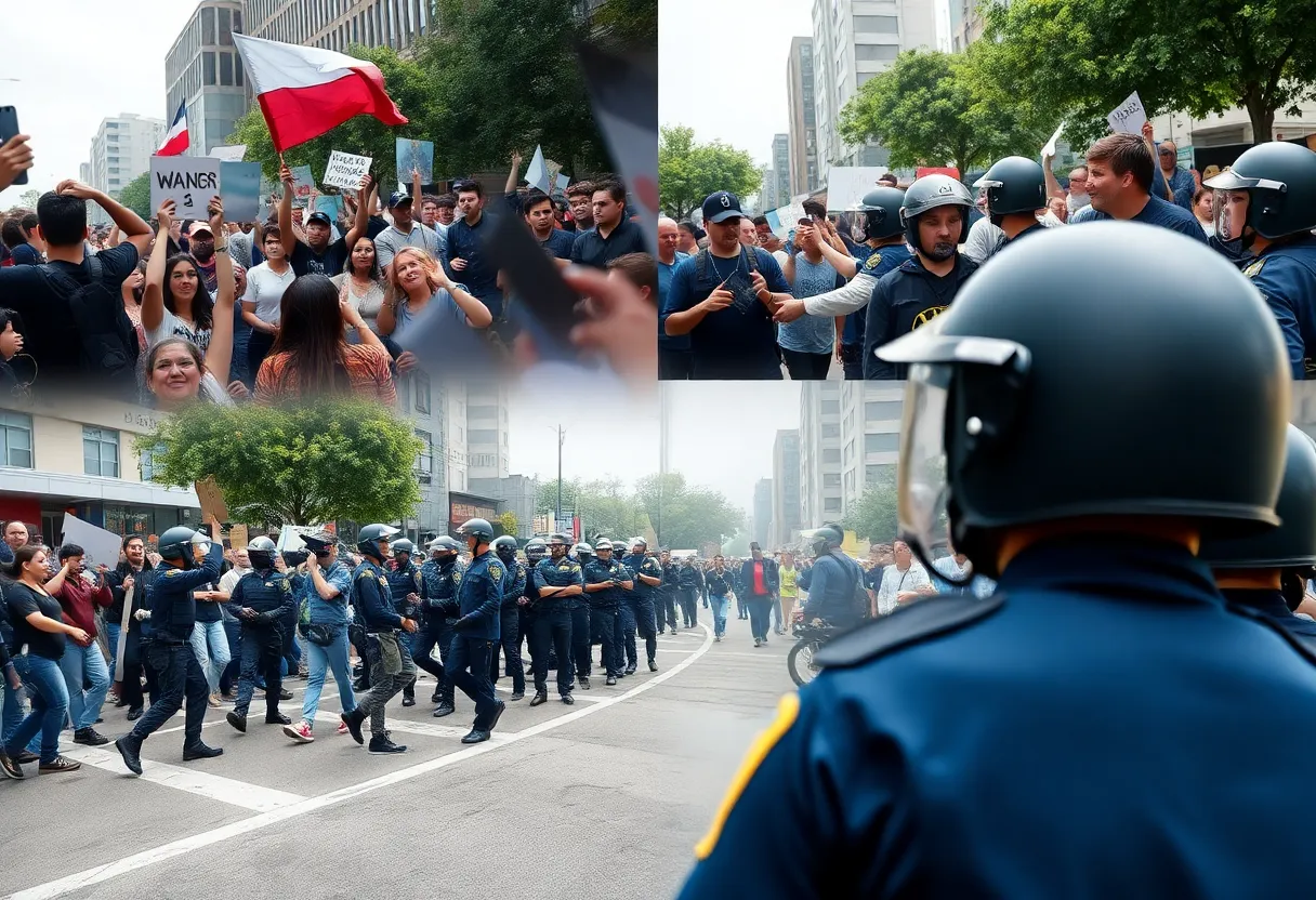 Crowd control tactics during protests related to immigration enforcement in urban settings.