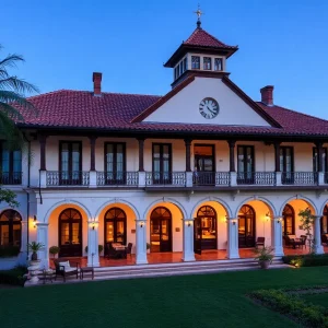 Renovated exterior of the Dearborn Inn showcasing Colonial architecture.