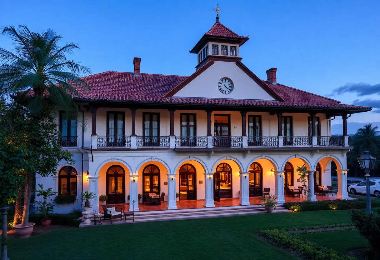 Renovated exterior of the Dearborn Inn showcasing Colonial architecture.