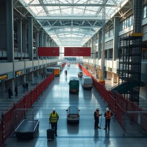 Detroit Metropolitan Airport concourse with construction barriers, scaffolding and reduced passenger traffic