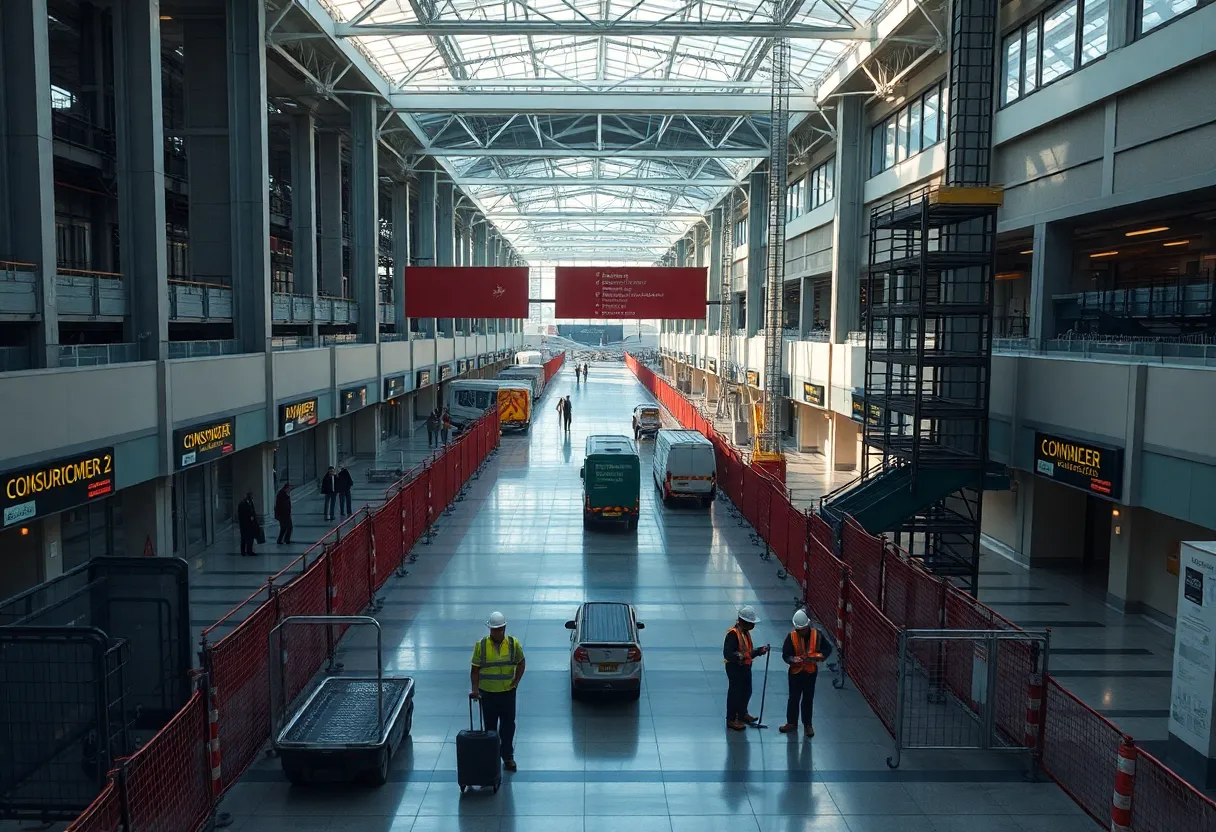 Detroit Metropolitan Airport concourse with construction barriers, scaffolding and reduced passenger traffic