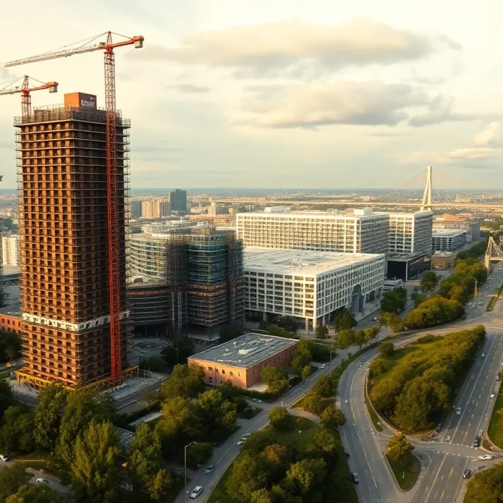 Panoramic Detroit skyline with construction cranes, new skyscrapers, bridge and greenway