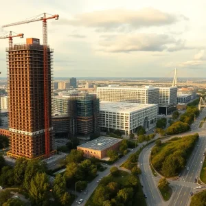 Panoramic Detroit skyline with construction cranes, new skyscrapers, bridge and greenway