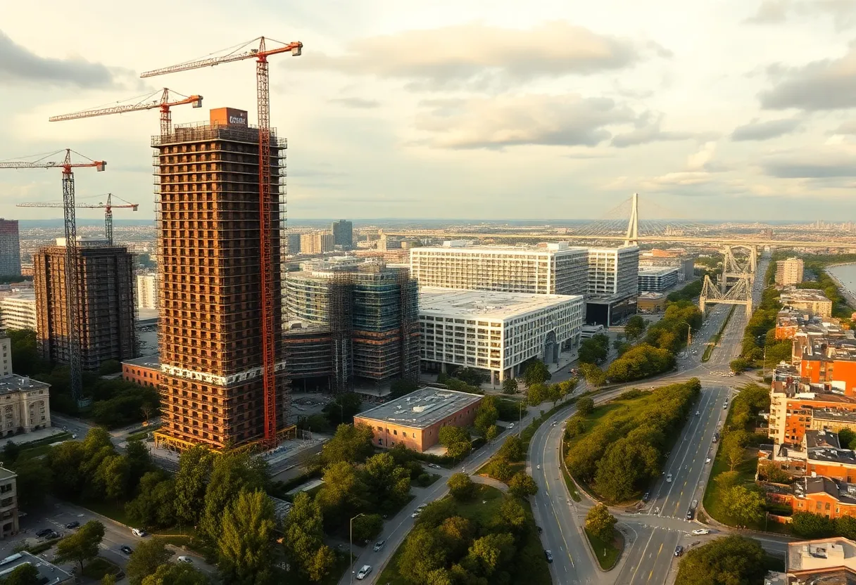 Panoramic Detroit skyline with construction cranes, new skyscrapers, bridge and greenway