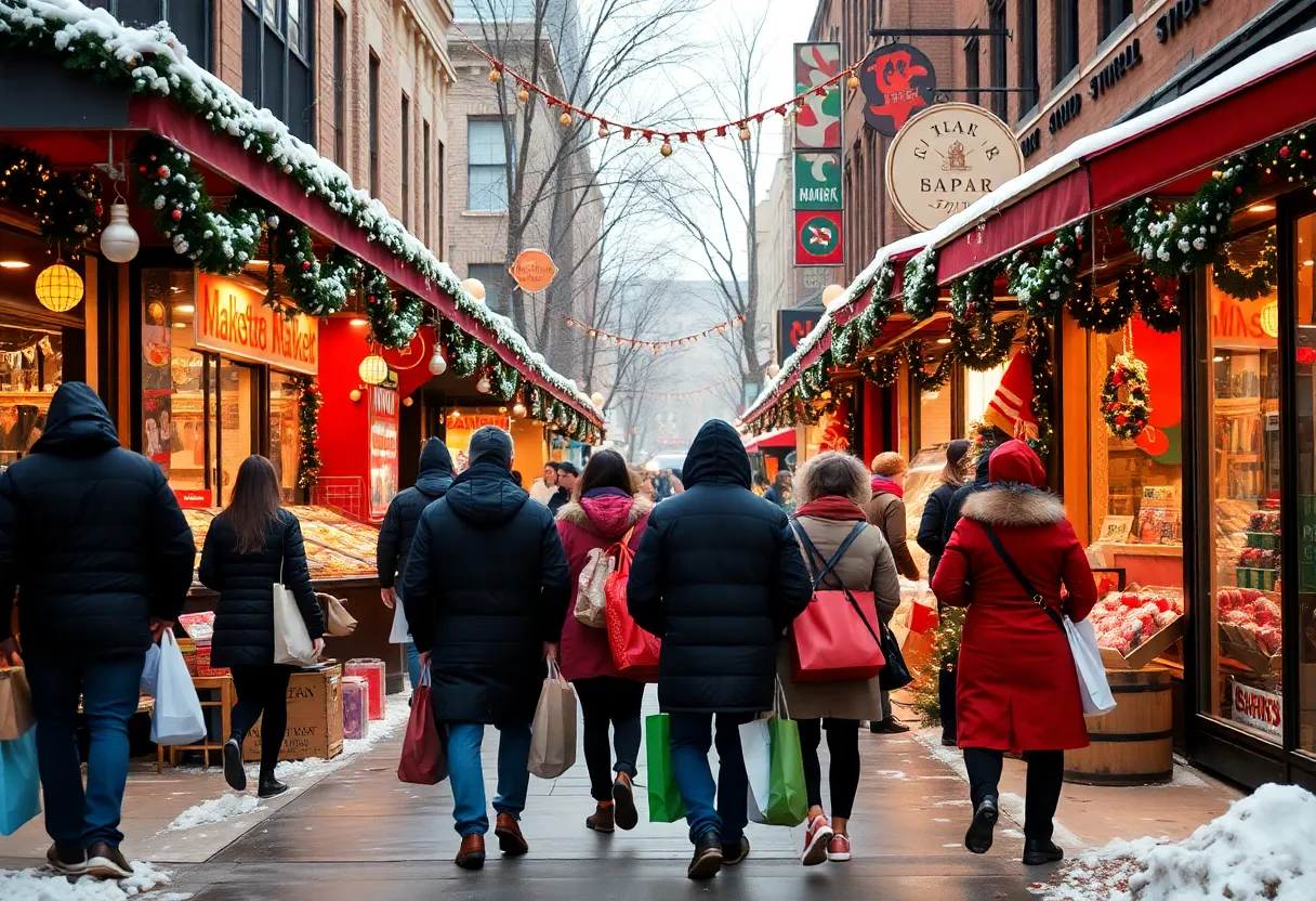 A bustling holiday shopping scene in Detroit with market stalls and shoppers.