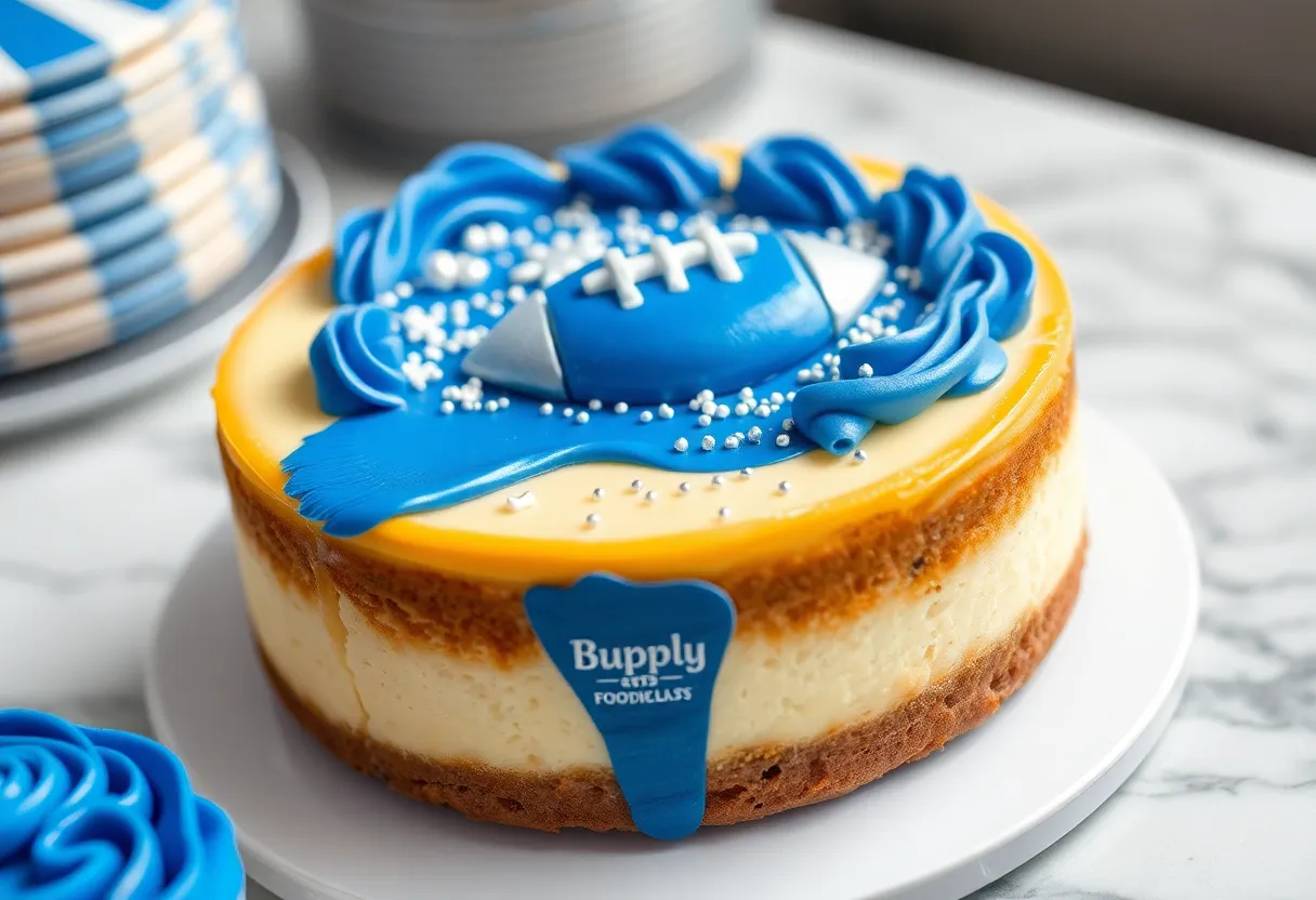 Detroit Lions-themed cheesecake in a bakery setting