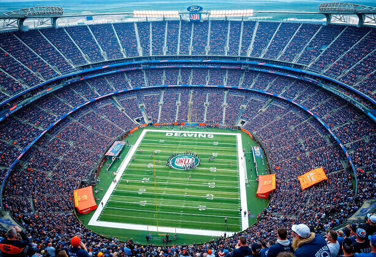 Ford Field during the Detroit Lions Thanksgiving game, filled with fans and Thanksgiving decorations.