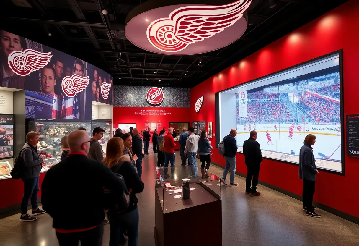 Visitors at the Detroit Historical Museum viewing artifacts from the Detroit Red Wings centennial exhibit.