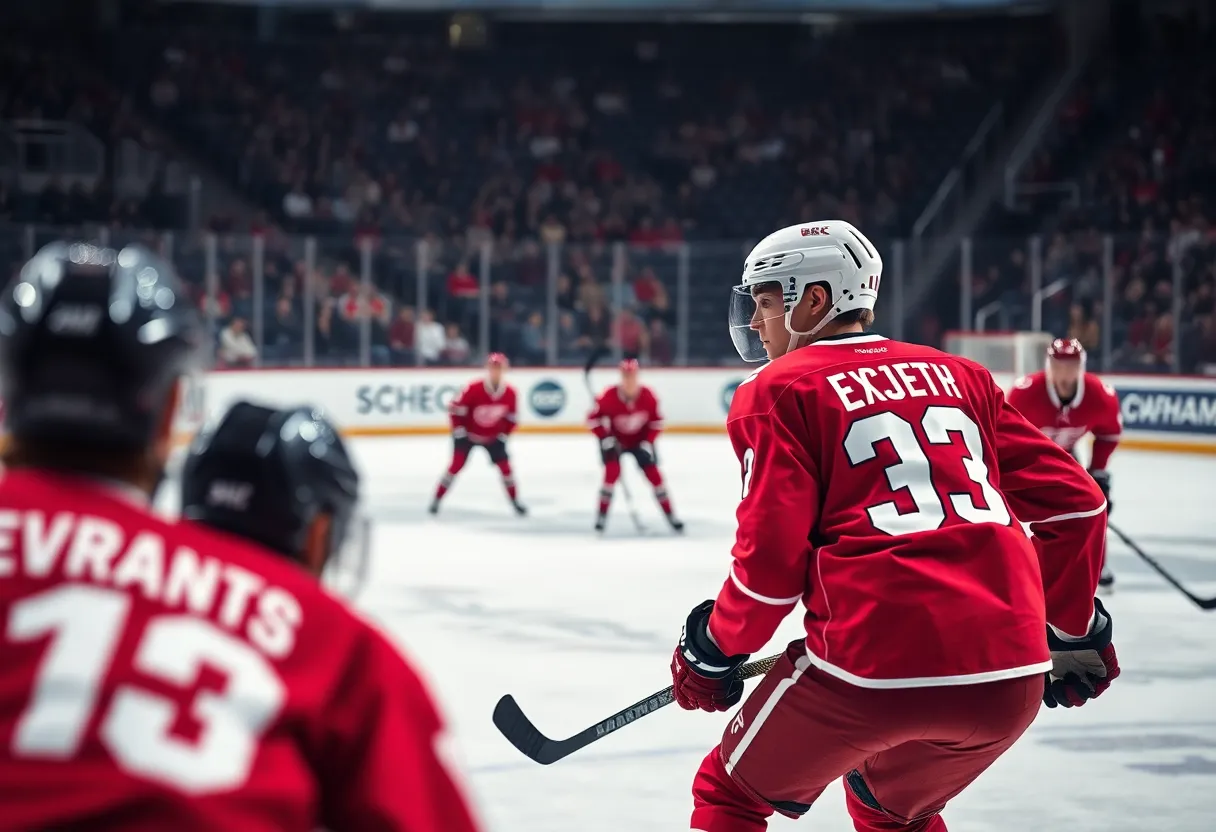 Hockey players in action during a game with a focus on team strategy.