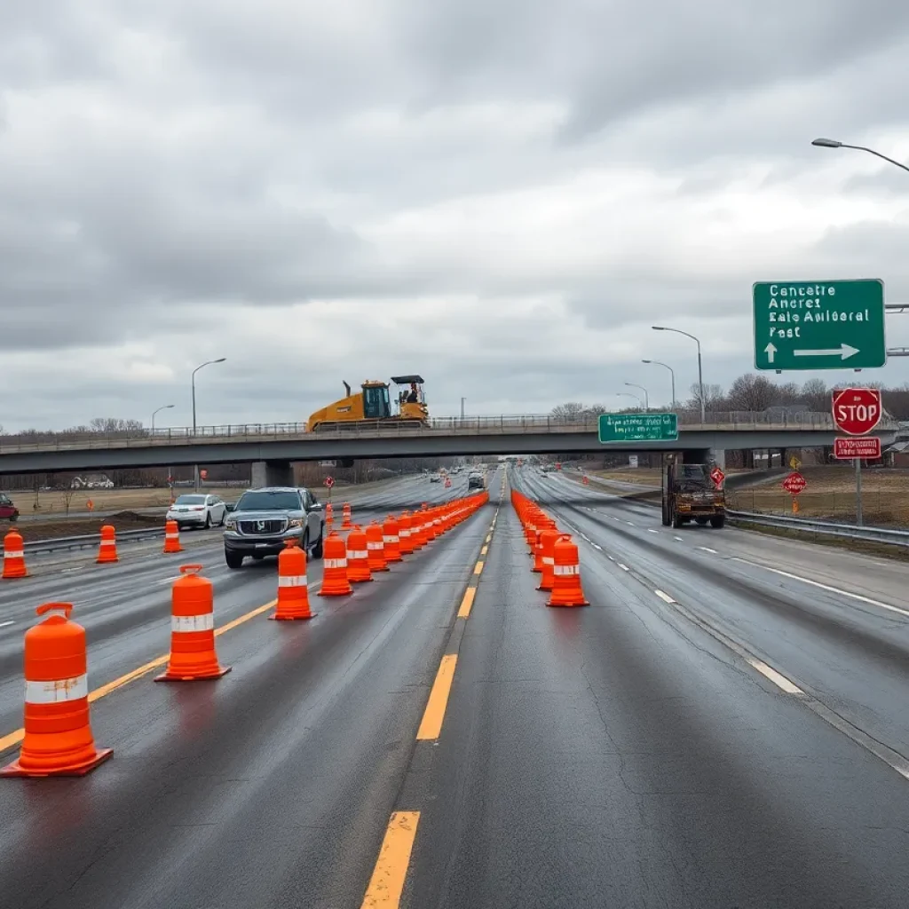 I-94 lane closures and bridge repair crews with construction equipment and detour signs